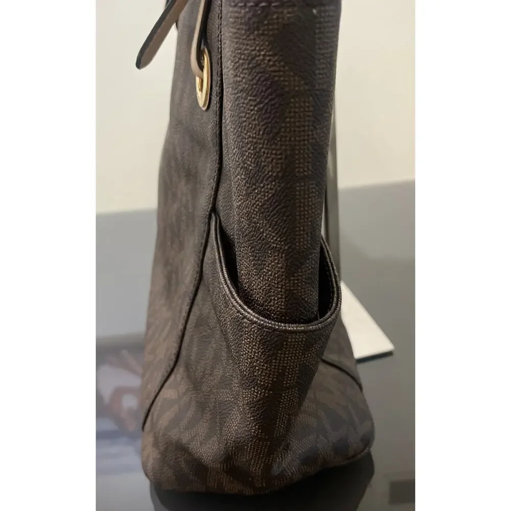 Michael Kors Jet Set MK Logo Brown Leather Tote Bag Purse